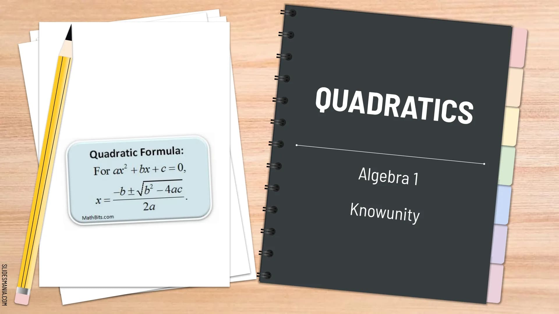 SLIDESMANIA.COM
Quadratic Formula:
For ax² +bx+c=0₂
X=
- b ± √b² - 4ac
2a
MathBits.com
E33
QUADRATICS
Algebra 1
Knowunity SLIDESMANIA.COM
So