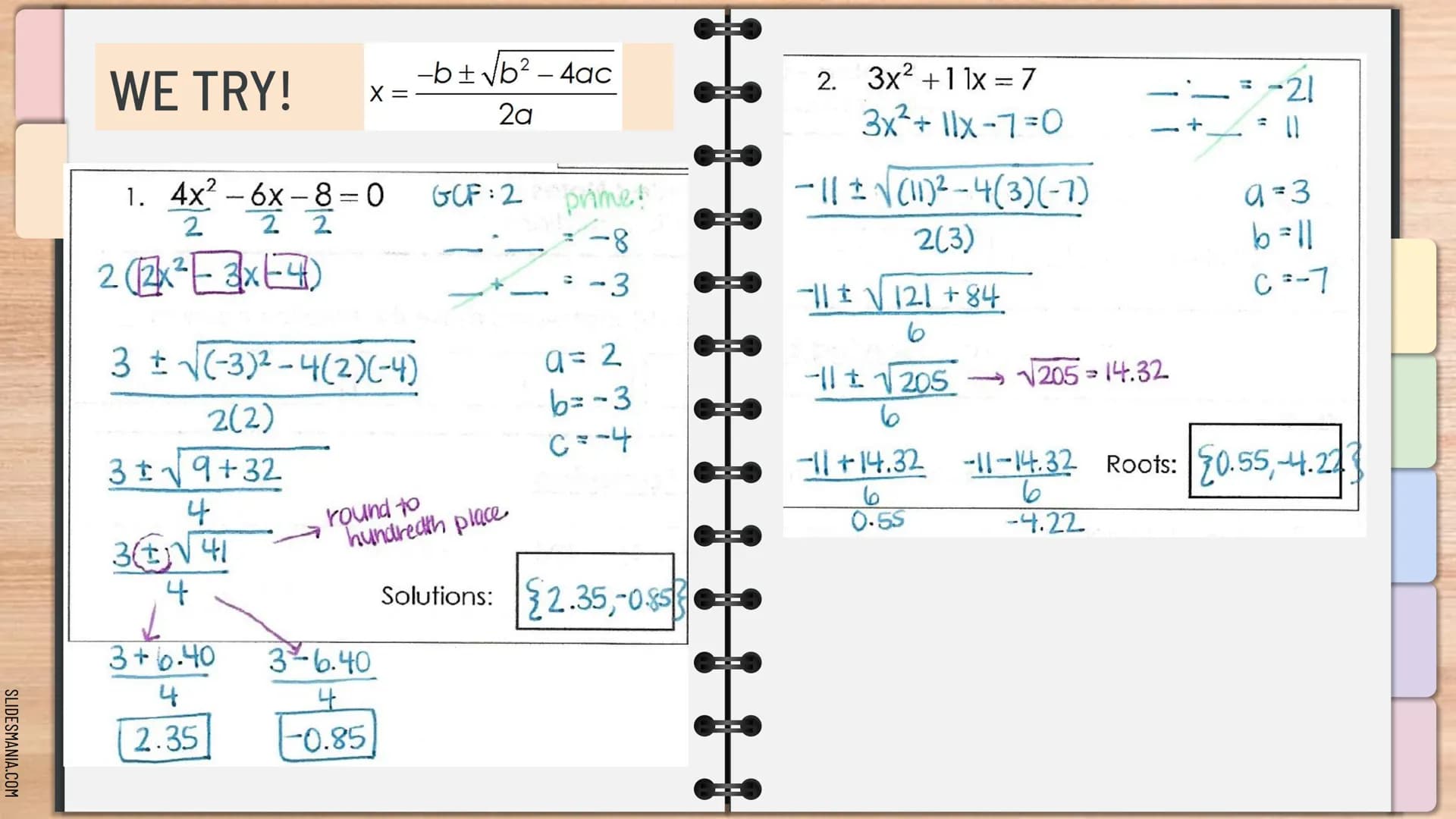 SLIDESMANIA.COM
Quadratic Formula:
For ax² +bx+c=0₂
X=
- b ± √b² - 4ac
2a
MathBits.com
E33
QUADRATICS
Algebra 1
Knowunity SLIDESMANIA.COM
So