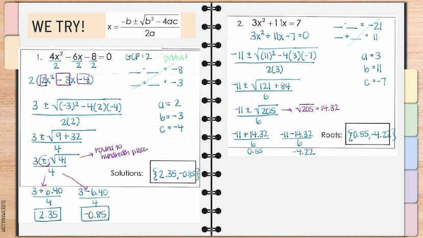 SLIDESMANIA.COM
Quadratic Formula:
For ax² +bx+c=0₂
X=
- b ± √b² - 4ac
2a
MathBits.com
E33
QUADRATICS
Algebra 1
Knowunity SLIDESMANIA.COM
So