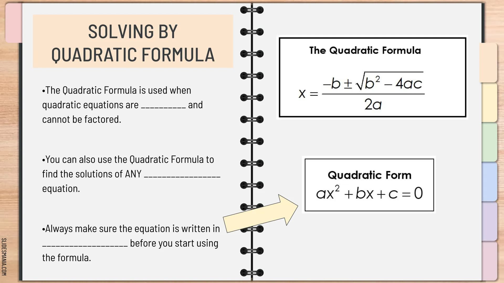 SLIDESMANIA.COM
Quadratic Formula:
For ax² +bx+c=0₂
X=
- b ± √b² - 4ac
2a
MathBits.com
E33
QUADRATICS
Algebra 1
Knowunity SLIDESMANIA.COM
So