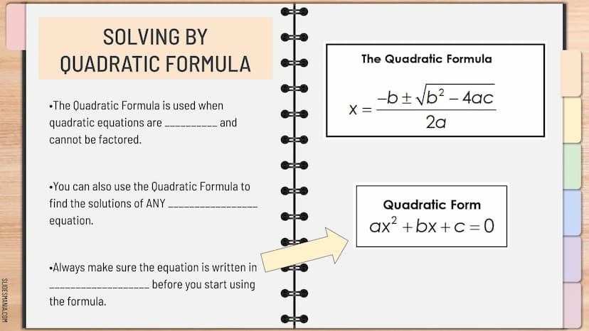 SLIDESMANIA.COM
Quadratic Formula:
For ax² +bx+c=0₂
X=
- b ± √b² - 4ac
2a
MathBits.com
E33
QUADRATICS
Algebra 1
Knowunity SLIDESMANIA.COM
So