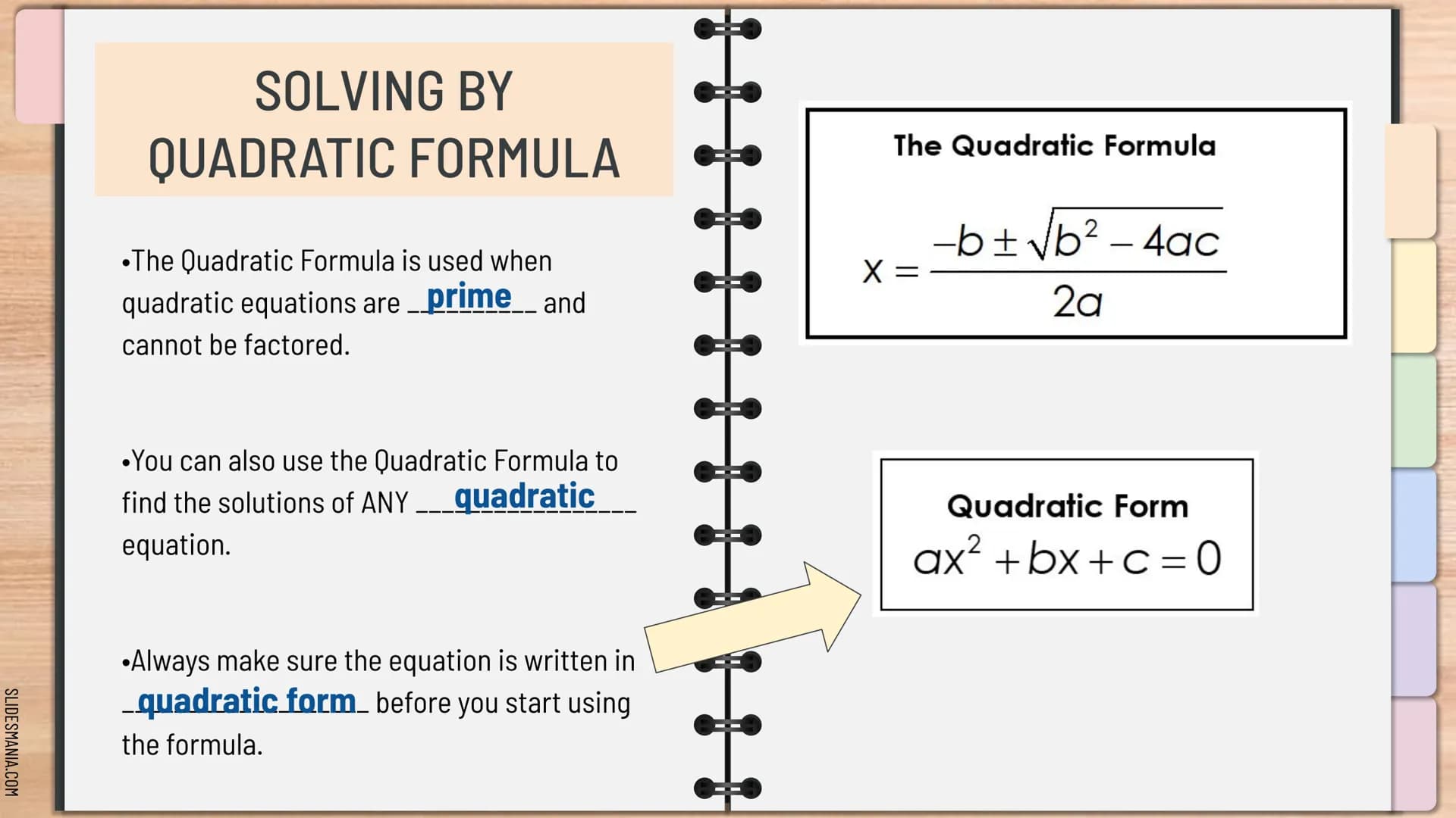SLIDESMANIA.COM
Quadratic Formula:
For ax² +bx+c=0₂
X=
- b ± √b² - 4ac
2a
MathBits.com
E33
QUADRATICS
Algebra 1
Knowunity SLIDESMANIA.COM
So