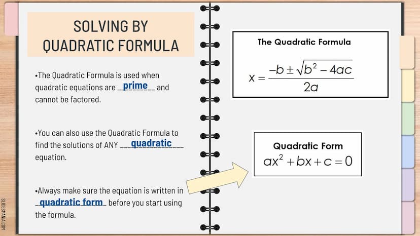SLIDESMANIA.COM
Quadratic Formula:
For ax² +bx+c=0₂
X=
- b ± √b² - 4ac
2a
MathBits.com
E33
QUADRATICS
Algebra 1
Knowunity SLIDESMANIA.COM
So