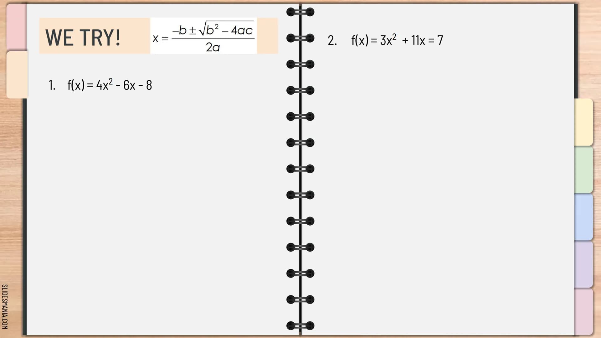 SLIDESMANIA.COM
Quadratic Formula:
For ax² +bx+c=0₂
X=
- b ± √b² - 4ac
2a
MathBits.com
E33
QUADRATICS
Algebra 1
Knowunity SLIDESMANIA.COM
So