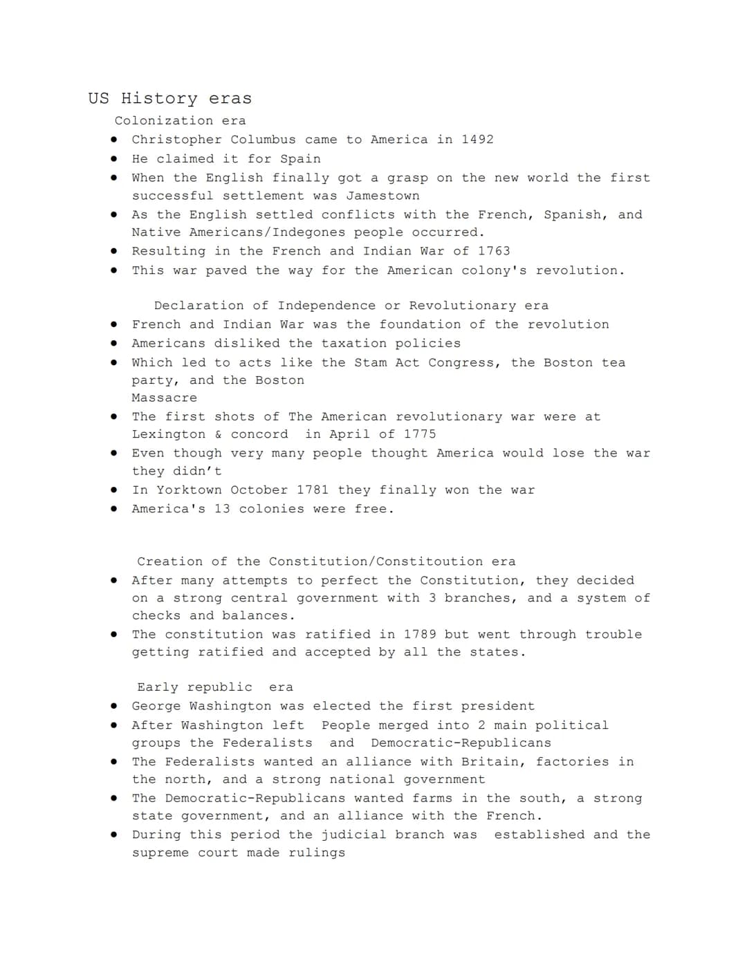 US History Eras summary
