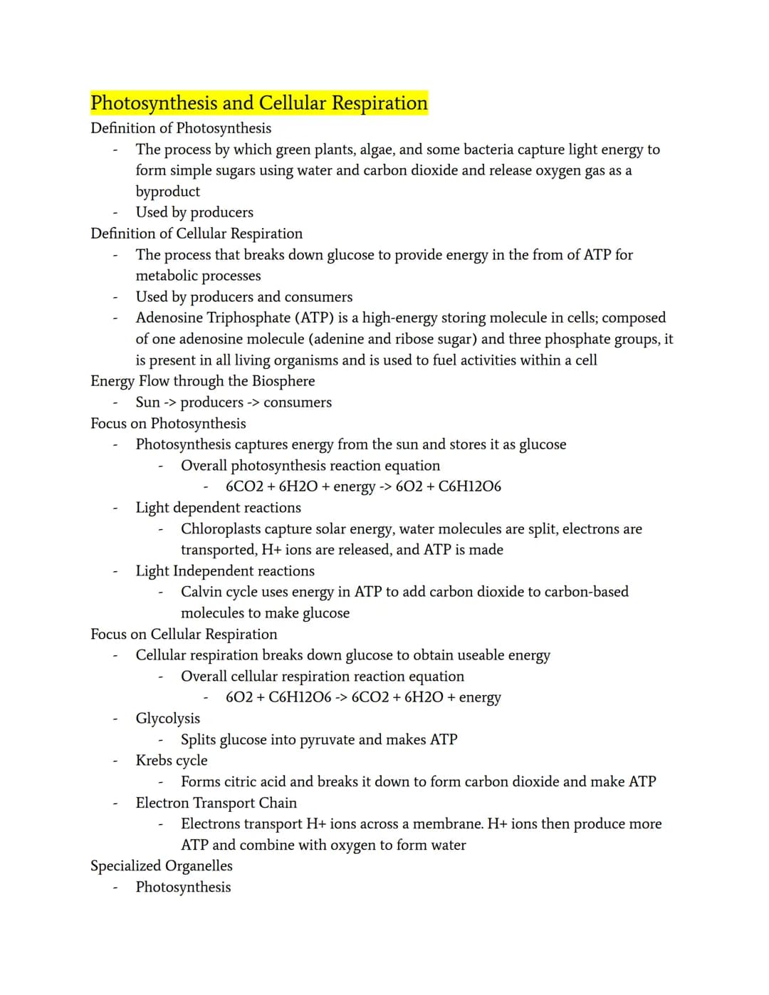 Photosynthesis and Cellular Respiration
Definition of Photosynthesis
The process by which green plants, algae, and some bacteria capture lig
