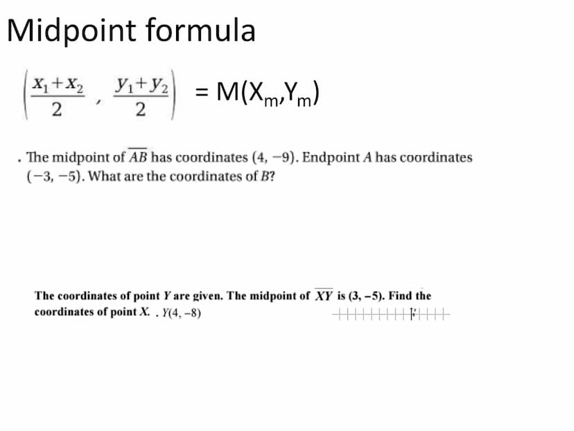 The distance between two points A(x₁, y₁) and B(x2, 12) is
d = √(x₂-x₁)² + (1/₂ -v₁)².
Y/2
Y₁
0
d.
-X₂-X₁
B
1
1½/2-/₁
X₂
Using Midpoint and 