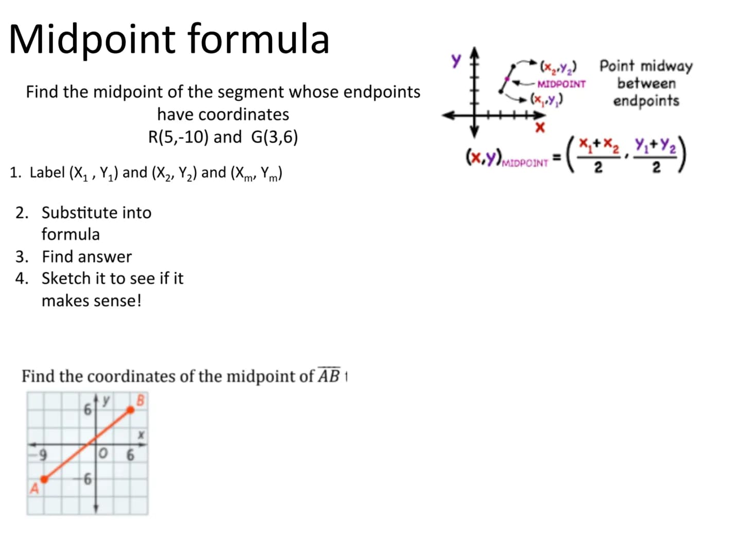 The distance between two points A(x₁, y₁) and B(x2, 12) is
d = √(x₂-x₁)² + (1/₂ -v₁)².
Y/2
Y₁
0
d.
-X₂-X₁
B
1
1½/2-/₁
X₂
Using Midpoint and 