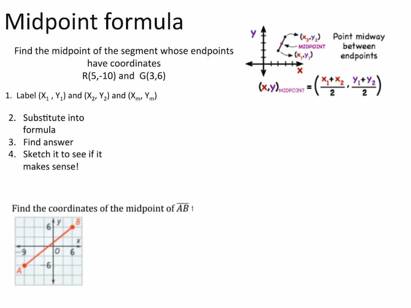 The distance between two points A(x₁, y₁) and B(x2, 12) is
d = √(x₂-x₁)² + (1/₂ -v₁)².
Y/2
Y₁
0
d.
-X₂-X₁
B
1
1½/2-/₁
X₂
Using Midpoint and 