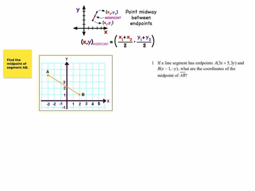 The distance between two points A(x₁, y₁) and B(x2, 12) is
d = √(x₂-x₁)² + (1/₂ -v₁)².
Y/2
Y₁
0
d.
-X₂-X₁
B
1
1½/2-/₁
X₂
Using Midpoint and 