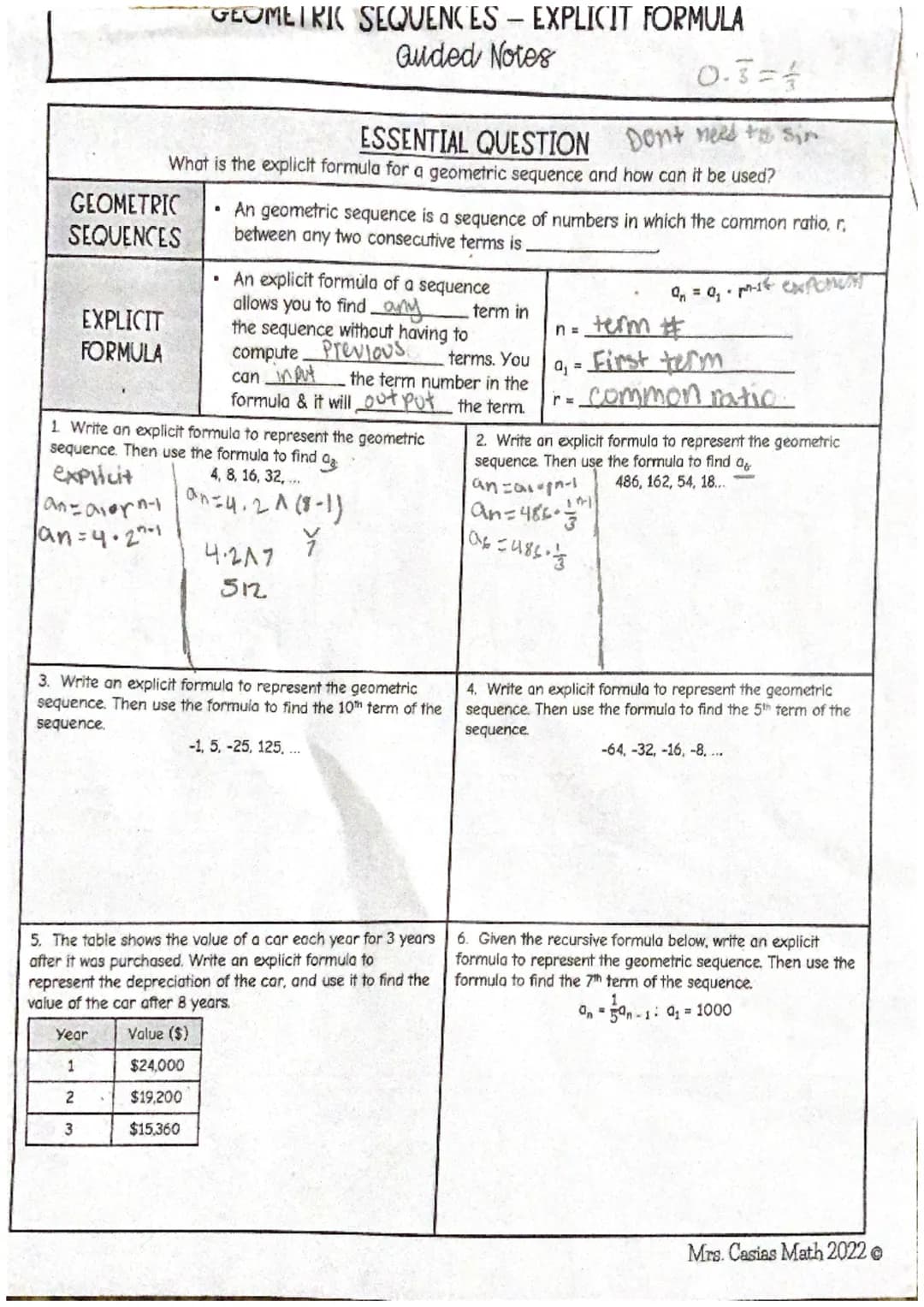+ Arithmetic -
Recursive
a₁ =-
↓
an=an-1 + d
common
difference an=an-1(r)))
X Geometric
Explicit
an = a₁ + (n-1) (d)
If asked to find a term