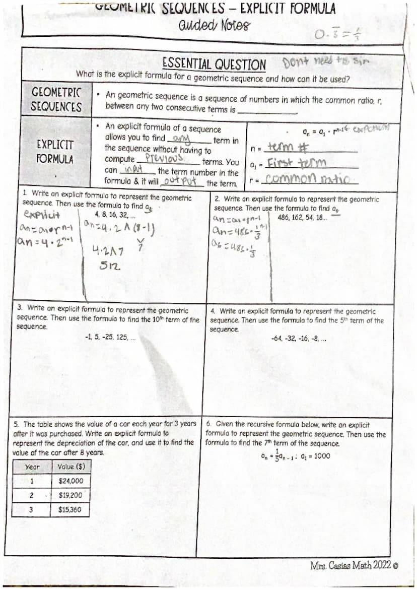+ Arithmetic -
Recursive
a₁ =-
↓
an=an-1 + d
common
difference an=an-1(r)))
X Geometric
Explicit
an = a₁ + (n-1) (d)
If asked to find a term