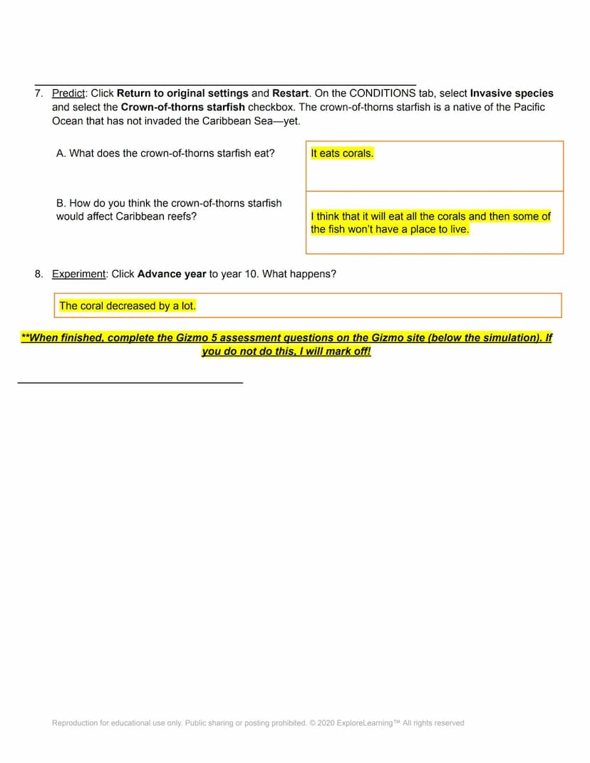 äl Gizmos
Name: Katie Whitson
Date: 04-07-2021
Student Exploration: Coral Reefs 2 - Biotic Factors
Directions: Follow the instructions to go