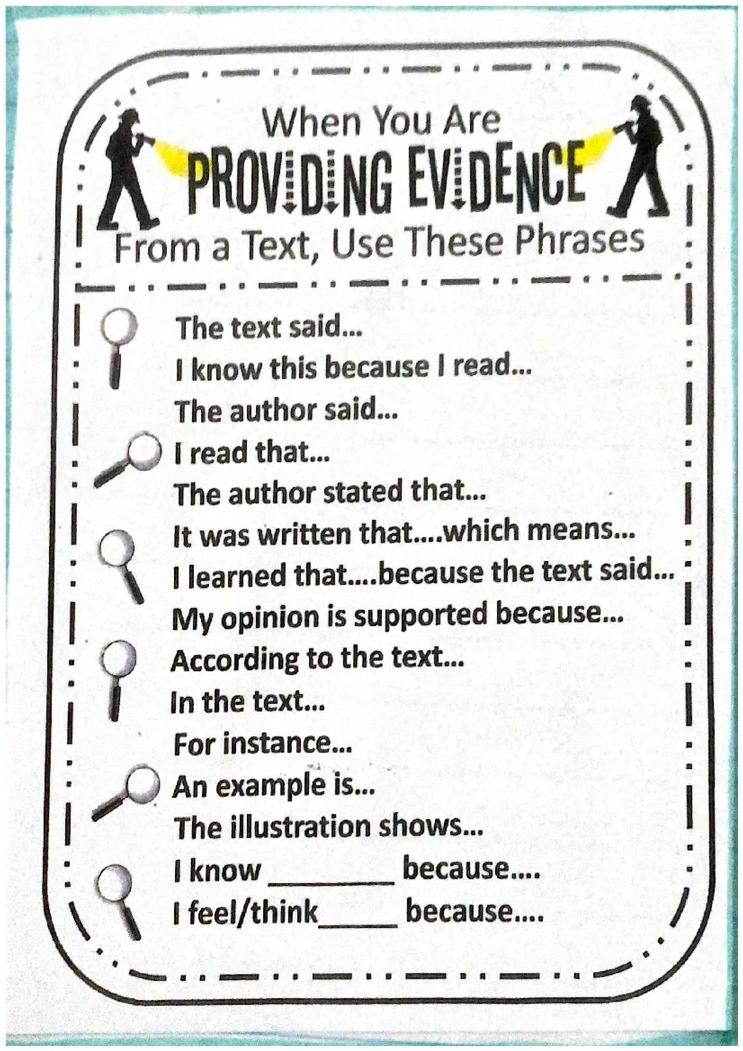 When You Are
PROVIDING EVIDENCE
X
From a Text, Use These Phrases
९ The text said...
9 I know this because I read...
The author said...
I rea