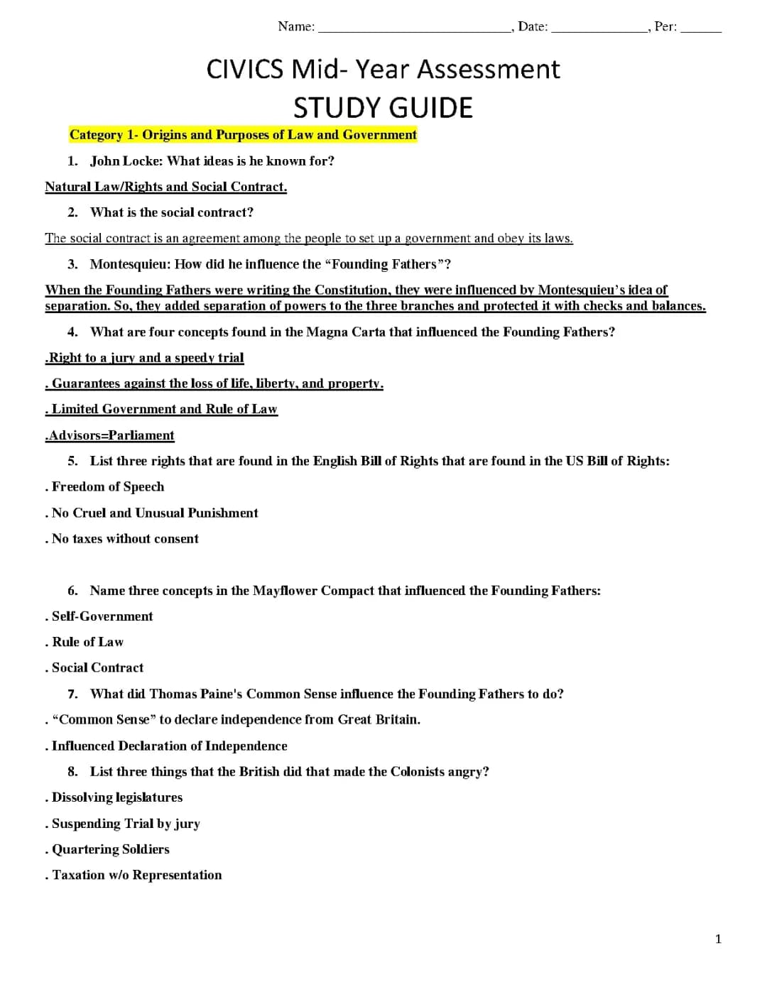 Civics Midyear Study Guide
