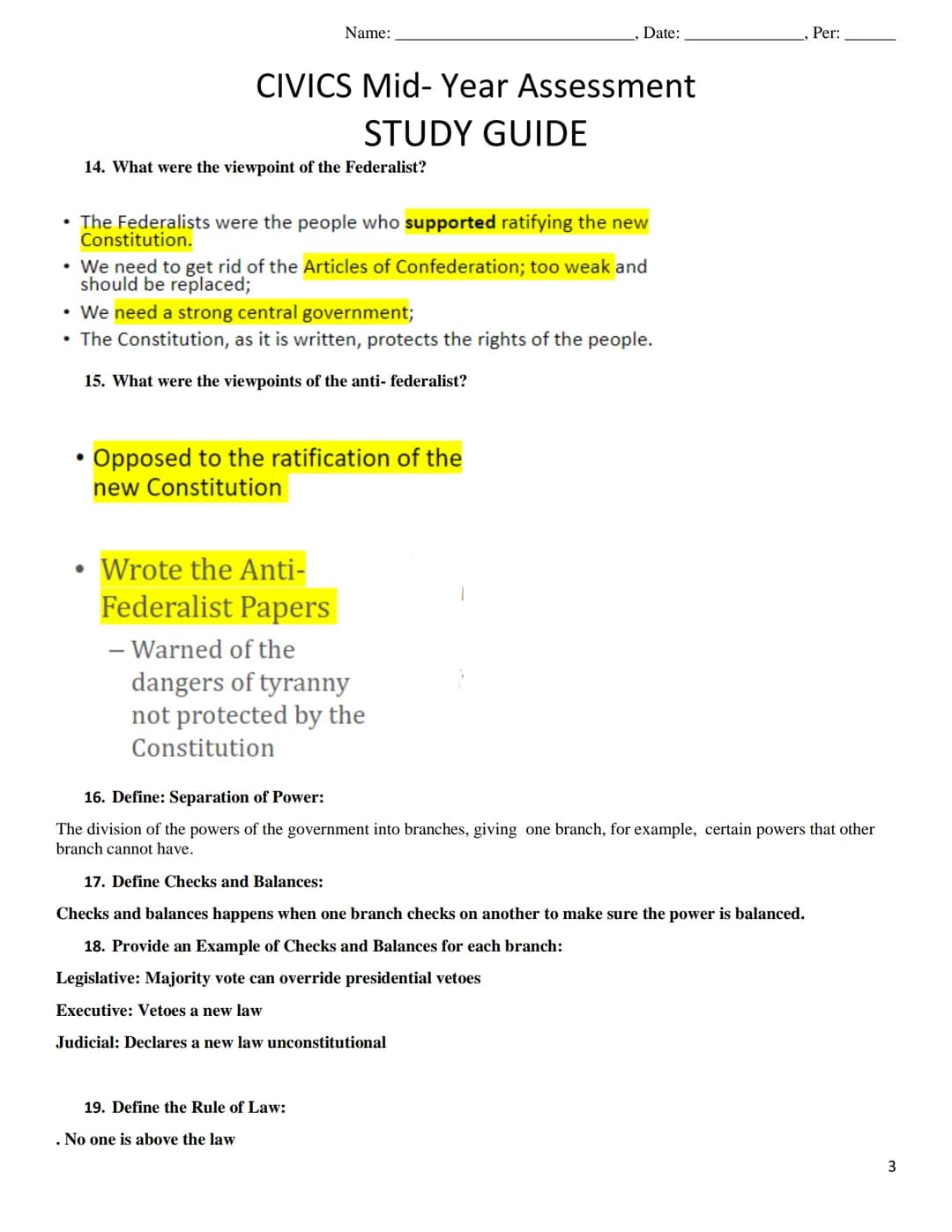 Name:
Date:
CIVICS Mid-Year Assessment
STUDY GUIDE
Category 1- Origins and Purposes of Law and Government
1. John Locke: What ideas is he kn