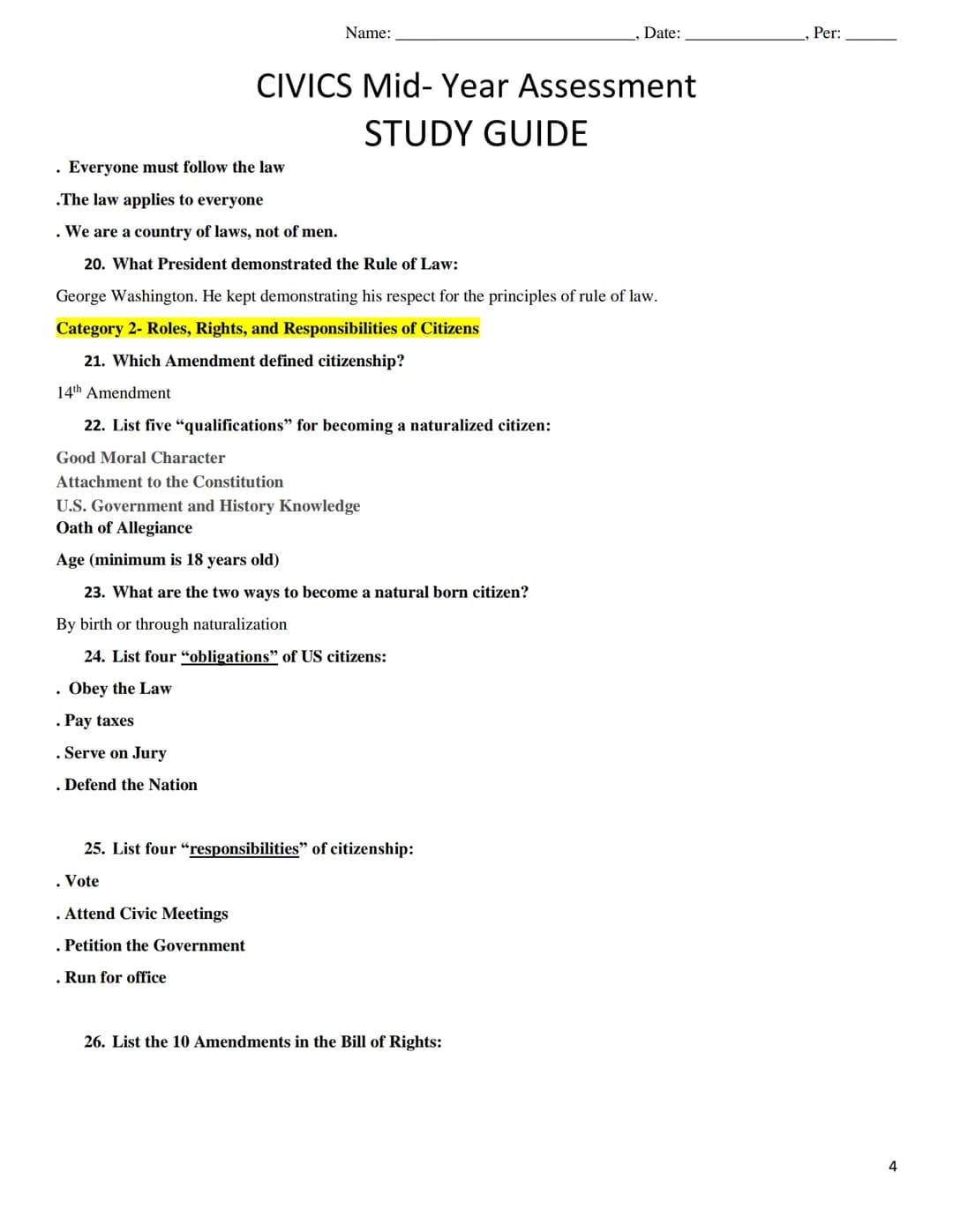 Name:
Date:
CIVICS Mid-Year Assessment
STUDY GUIDE
Category 1- Origins and Purposes of Law and Government
1. John Locke: What ideas is he kn