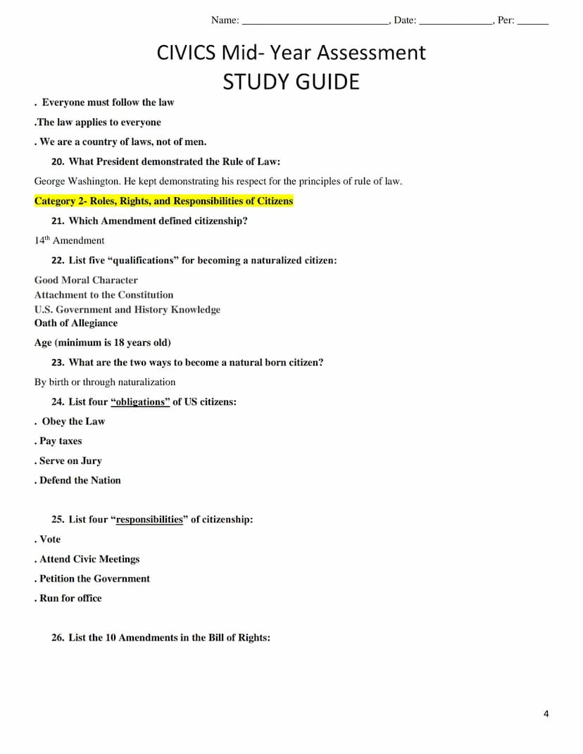 Name:
Date:
CIVICS Mid-Year Assessment
STUDY GUIDE
Category 1- Origins and Purposes of Law and Government
1. John Locke: What ideas is he kn