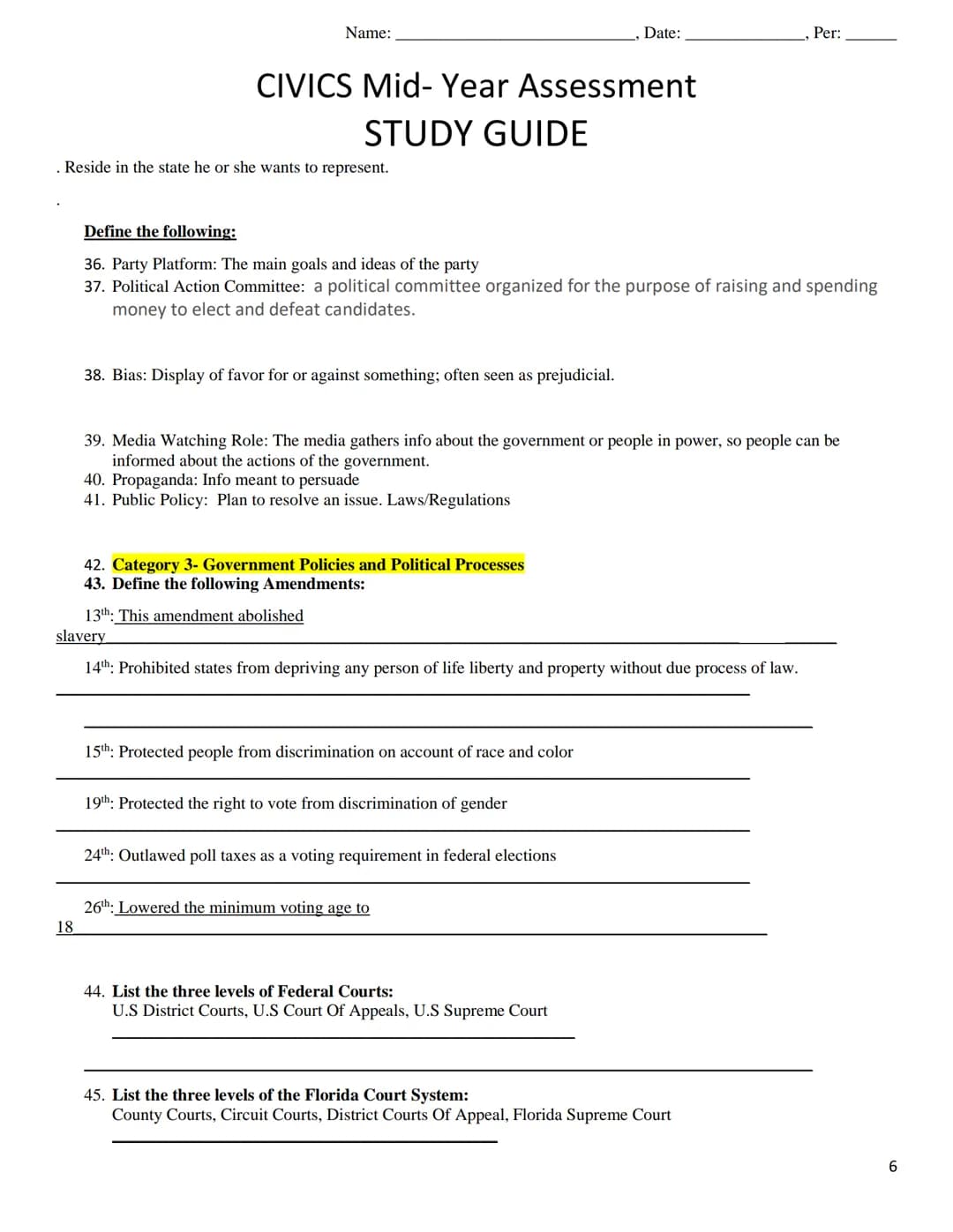 Name:
Date:
CIVICS Mid-Year Assessment
STUDY GUIDE
Category 1- Origins and Purposes of Law and Government
1. John Locke: What ideas is he kn