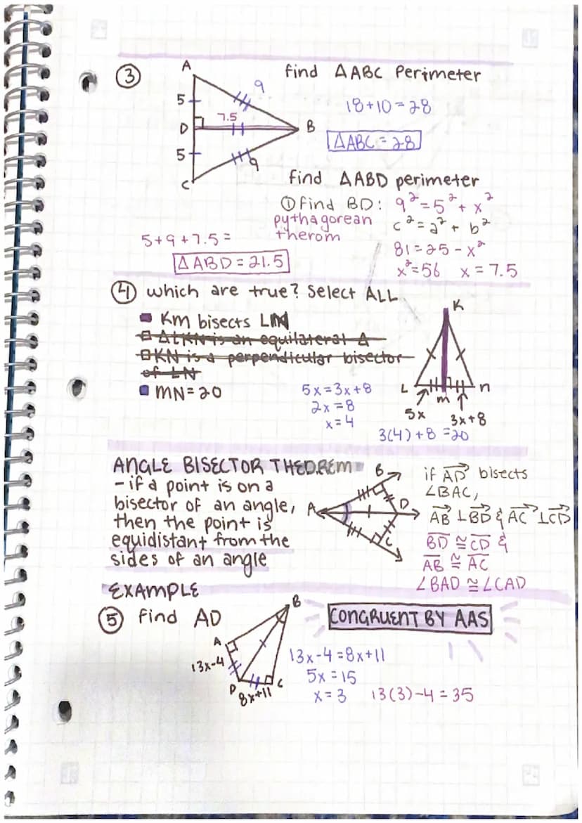 3.5 Perpendicular & angle bisectors
VOCAB
PERPENDICULAR
- if a pointison the perpendicular
bisector of a
equidistant
segment
A
A
EXAMPLE
A) 