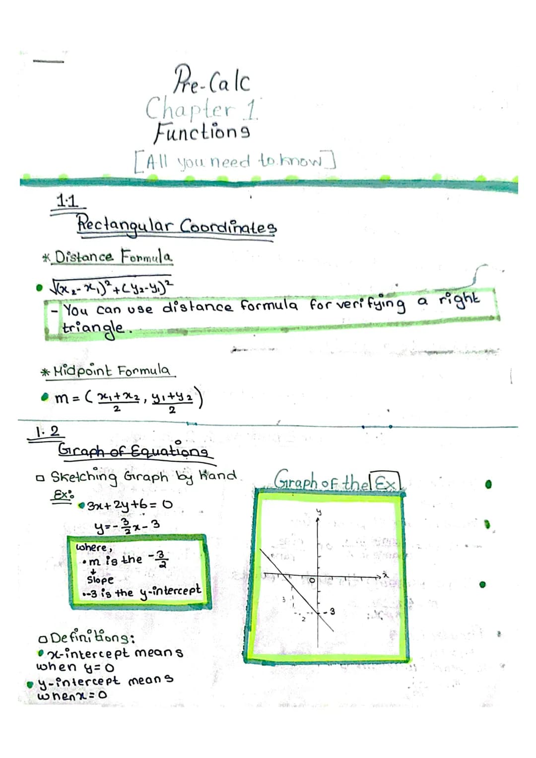 1.1
Pre-Calc
Chapter 1
Functions
[All you need to know]
Rectangular Coordinates
* Distance Formula
√(x₂-x₁)² + (Y₂-4₁) ²
- You can use dista
