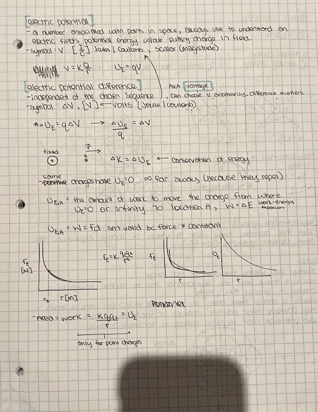 electric potential
-a number associated with points in space, always use to understand an
electric field's potential energy whout putting ch