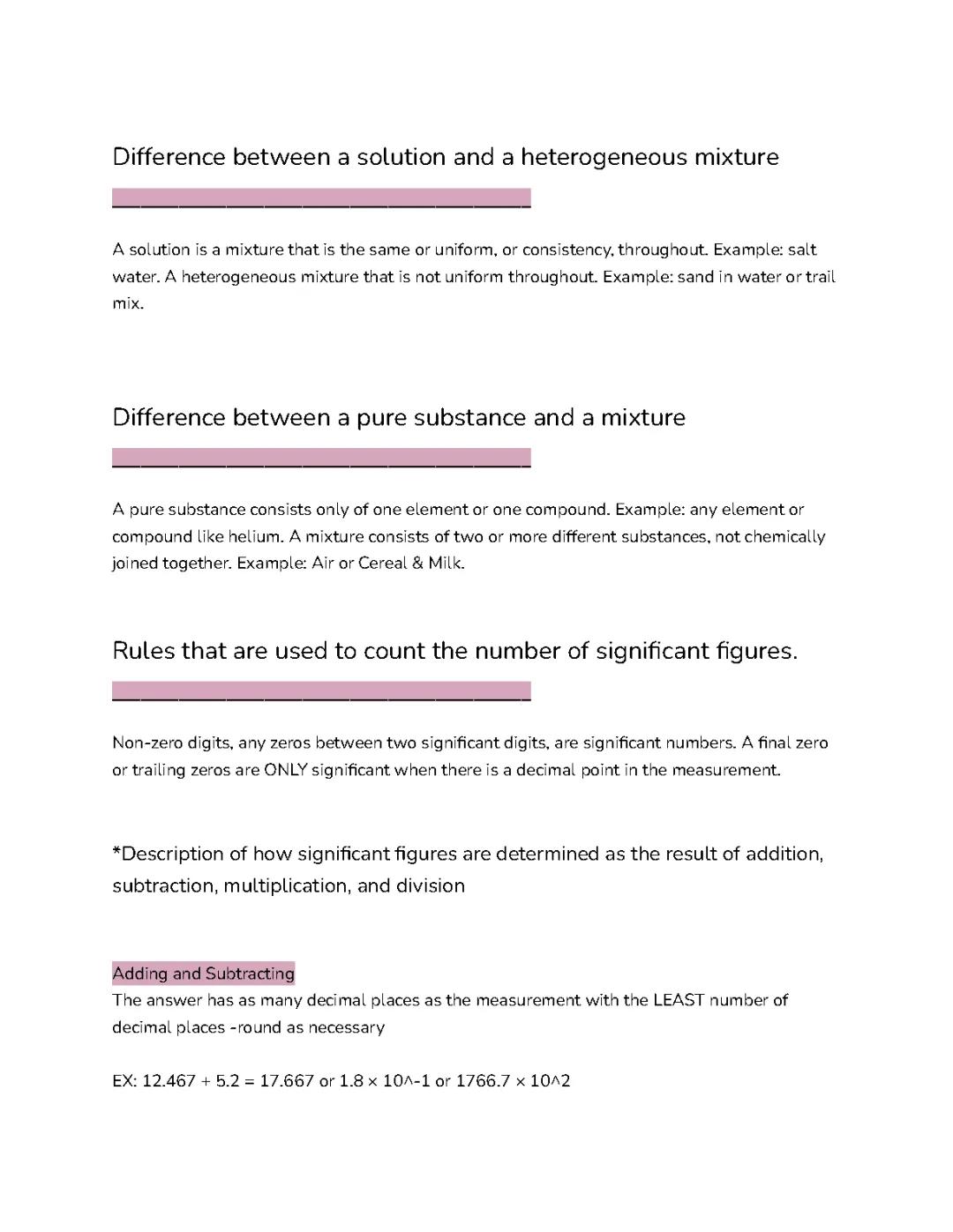 Mixtures differences and Sig Figs