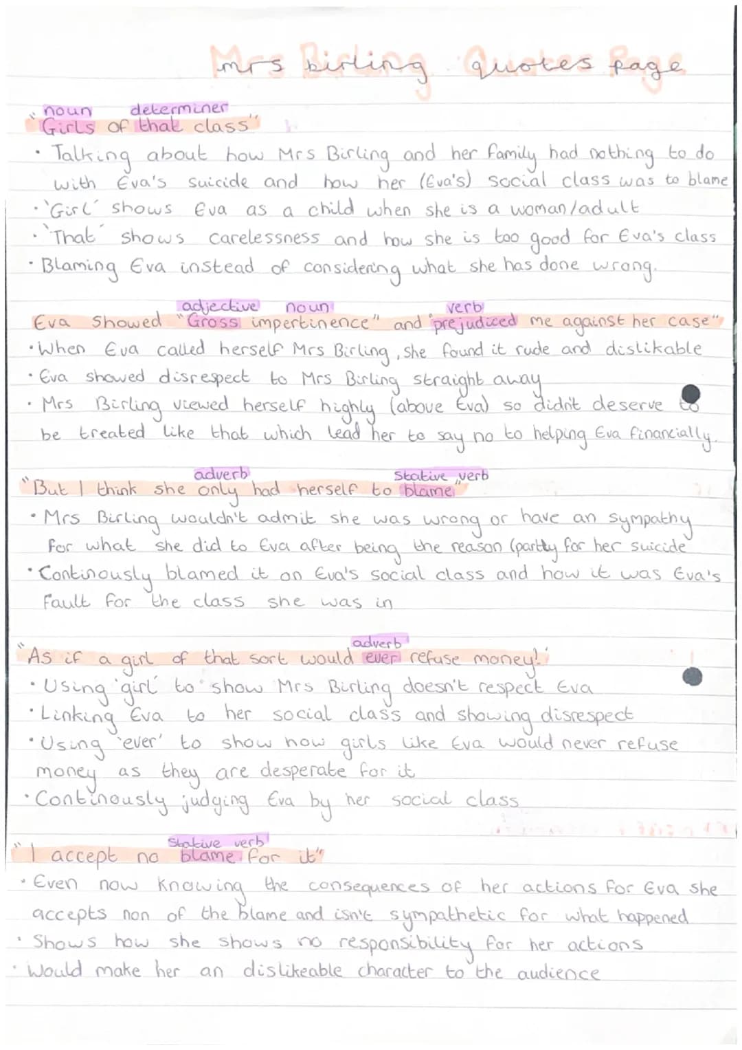 €
mrs birling quotes page.
1
noun
determiner
Girls of that class" ;
Talking about how Mrs Birling and her family had nothing to do
with Eva'