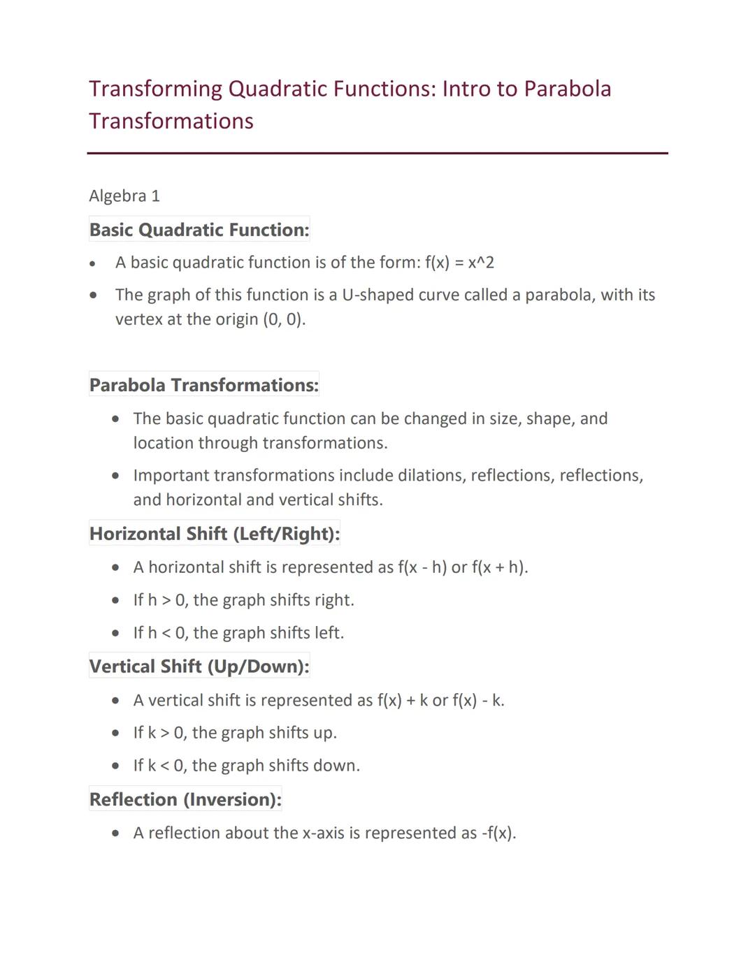 # Transforming Quadratic Functions: Intro to Parabola
# Transformations

Algebra 1

## Basic Quadratic Function:

- A basic quadratic functi