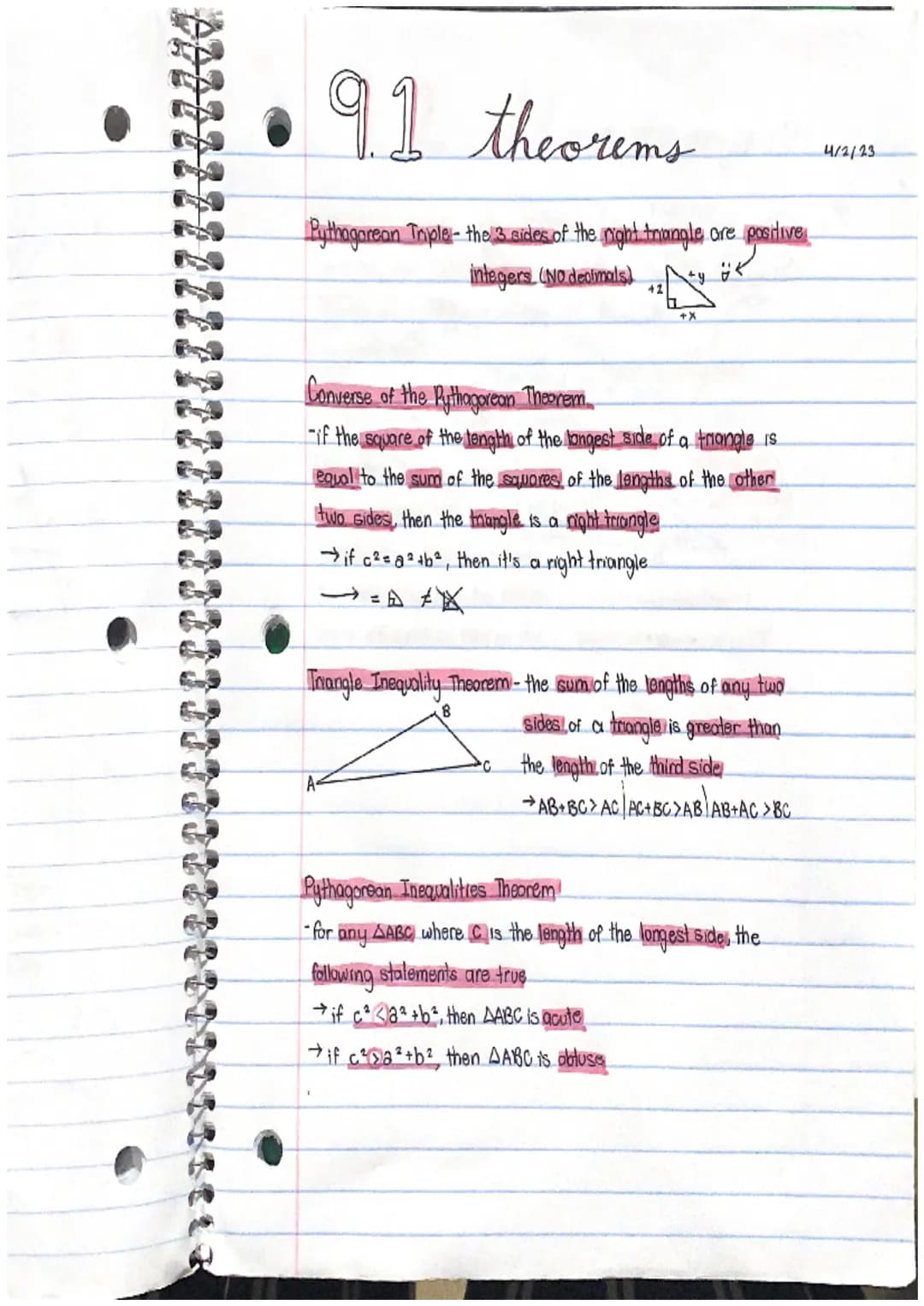 • 91 theorems
Pythagorean Tople:- the 3 sides of the night-trangle, are genertive,
integers (NO decimals)
+2
+X
Converse of the Pythagorean 