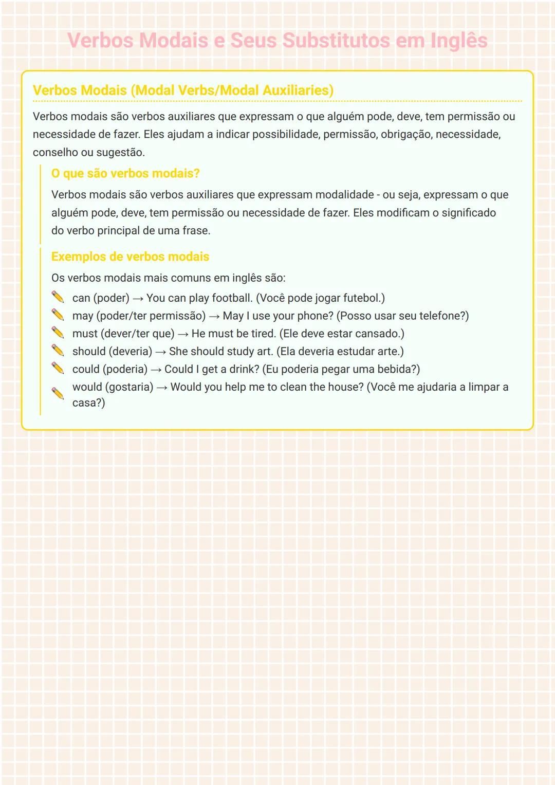 # Verbos Modais e Seus Substitutos em Inglês

Verbos Modais (Modal Verbs/Modal Auxiliaries)

Verbos modais são verbos auxiliares que express