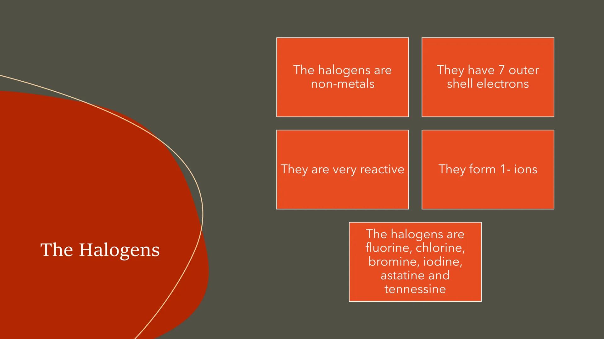 Group 7 - the
Halogens The Halogens
The halogens are
non-metals
They are very reactive
They have 7 outer
shell electrons
They form 1-ions
Th