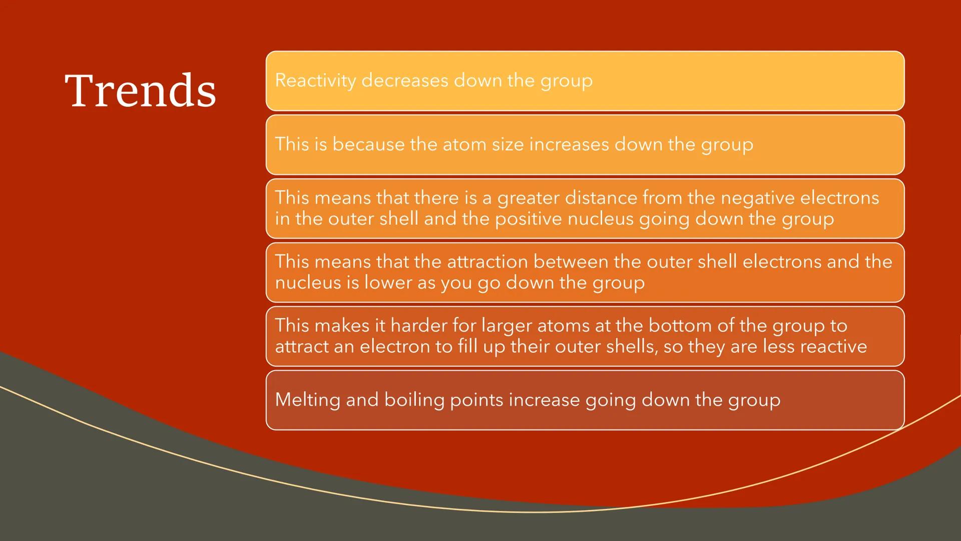 Group 7 - the
Halogens The Halogens
The halogens are
non-metals
They are very reactive
They have 7 outer
shell electrons
They form 1-ions
Th