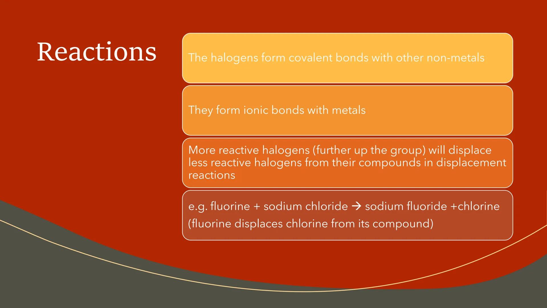 Group 7 - the
Halogens The Halogens
The halogens are
non-metals
They are very reactive
They have 7 outer
shell electrons
They form 1-ions
Th