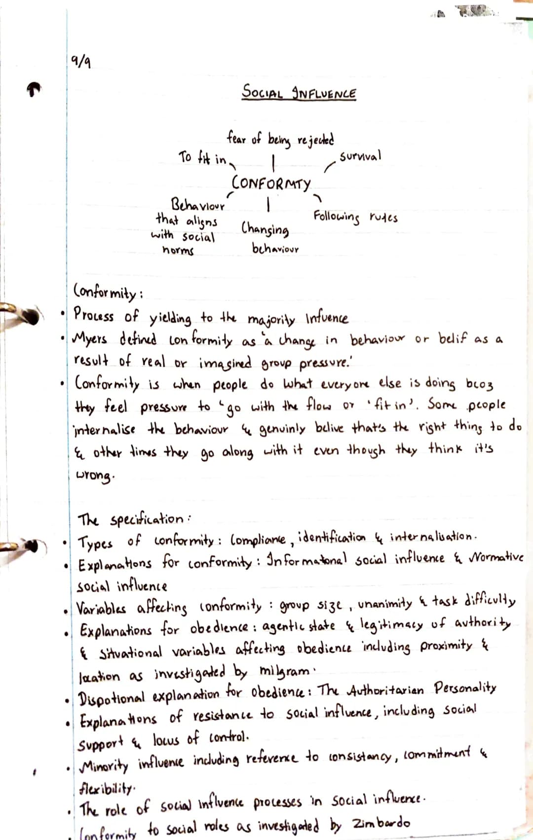●
●
●
●
●
●
●
●
9/9
.
To fit in
Behaviour
that aligns
with social
horms
fear of being rejected
|
CONFORMTY
1
(
SOCIAL INFLUENCE
Changing
beh