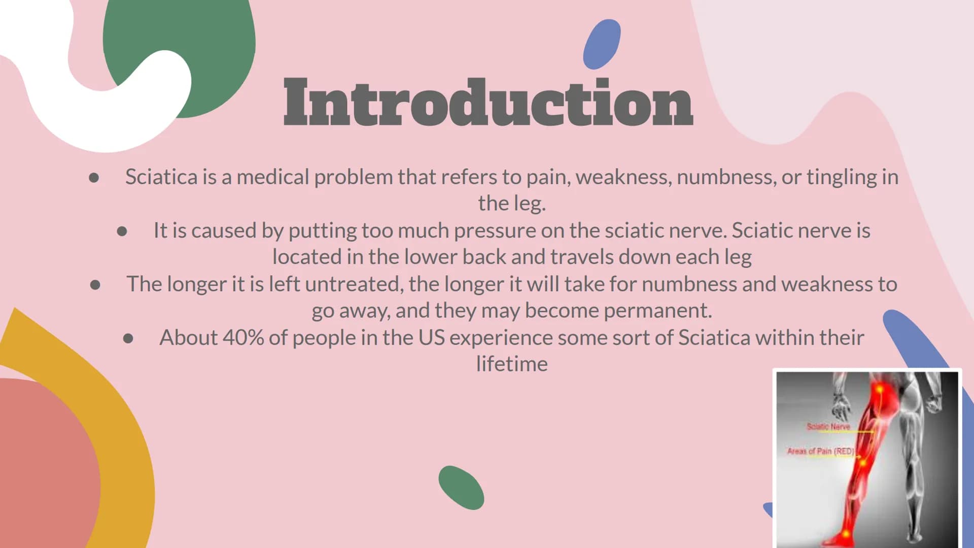 Sciatica ●
Introduction
Sciatica is a medical problem that refers to pain, weakness, numbness, or tingling in
the leg.
It is caused by putti