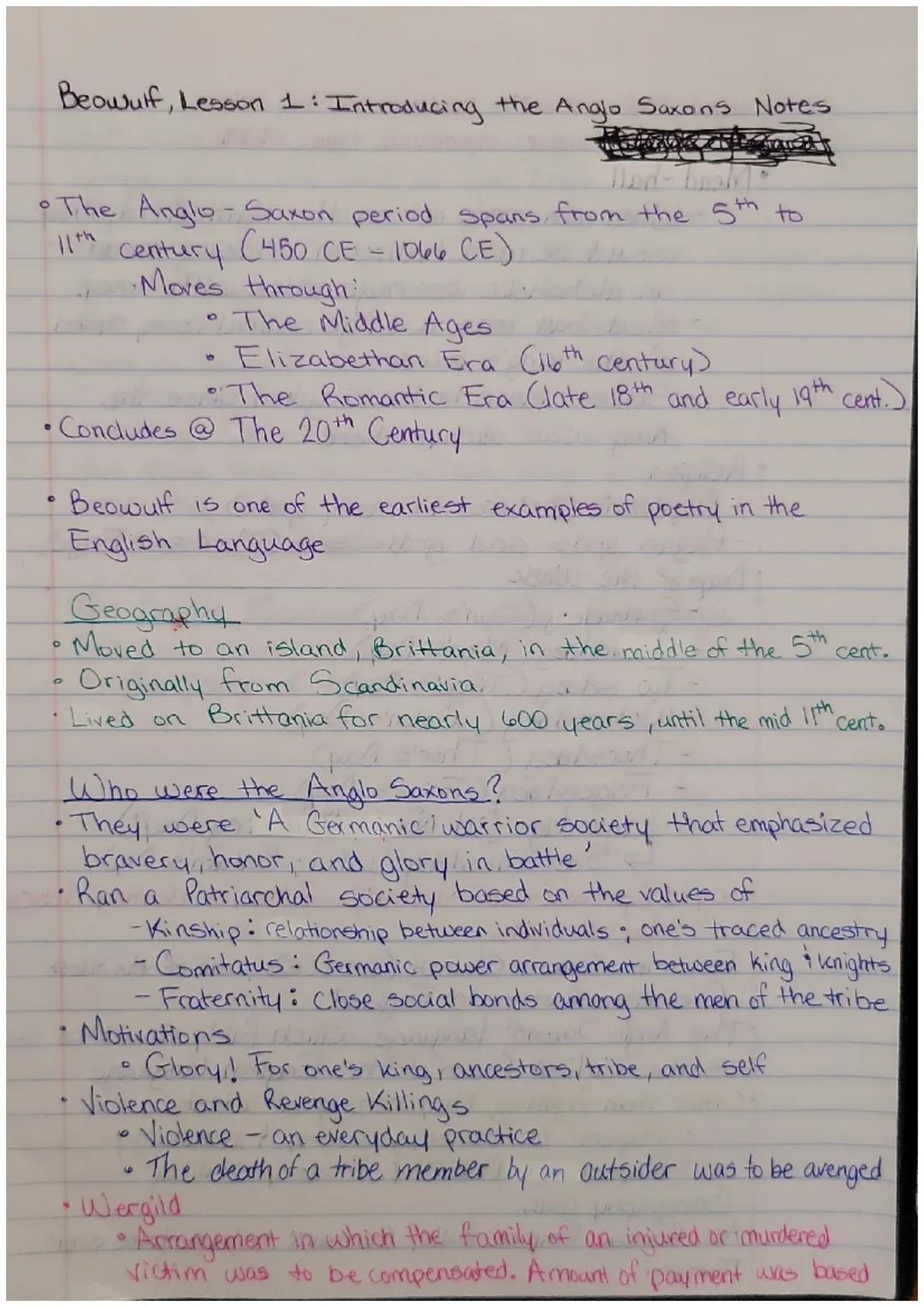 Beowulf, Lesson 1: Introducing the Anglo Saxons Notes
• The Anglo-Saxon period spans from the 5th to
11th century C450 CE = 1066 CE)
•Moves 