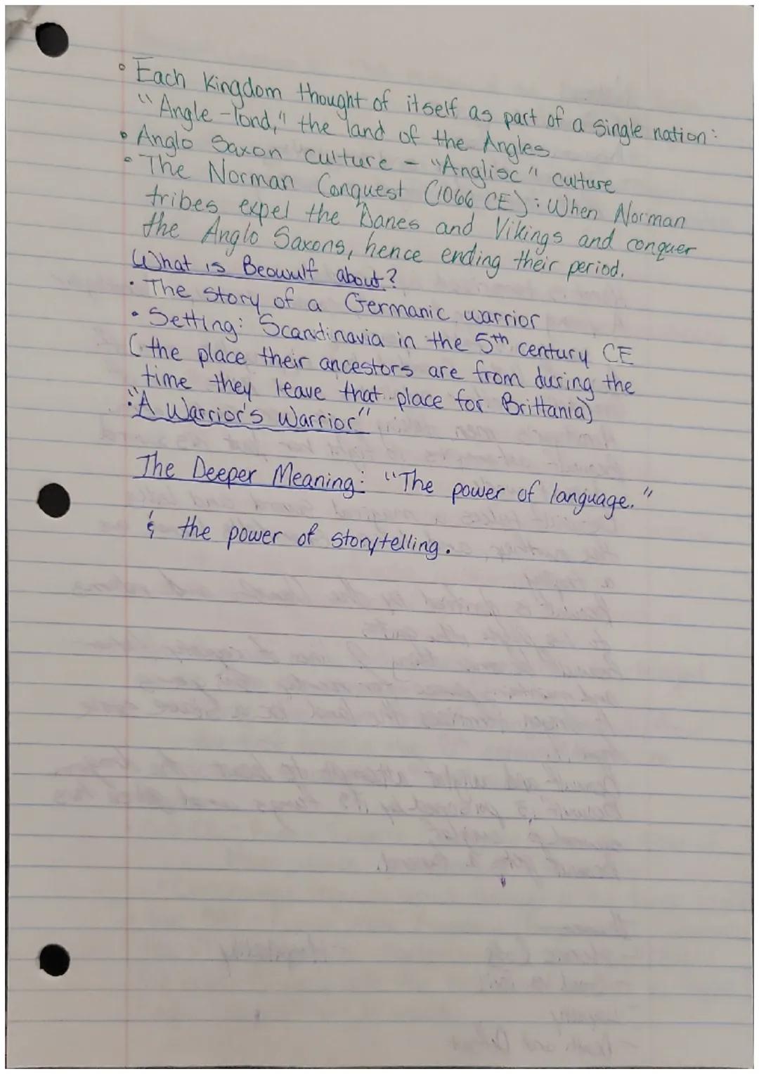 Beowulf, Lesson 1: Introducing the Anglo Saxons Notes
• The Anglo-Saxon period spans from the 5th to
11th century C450 CE = 1066 CE)
•Moves 
