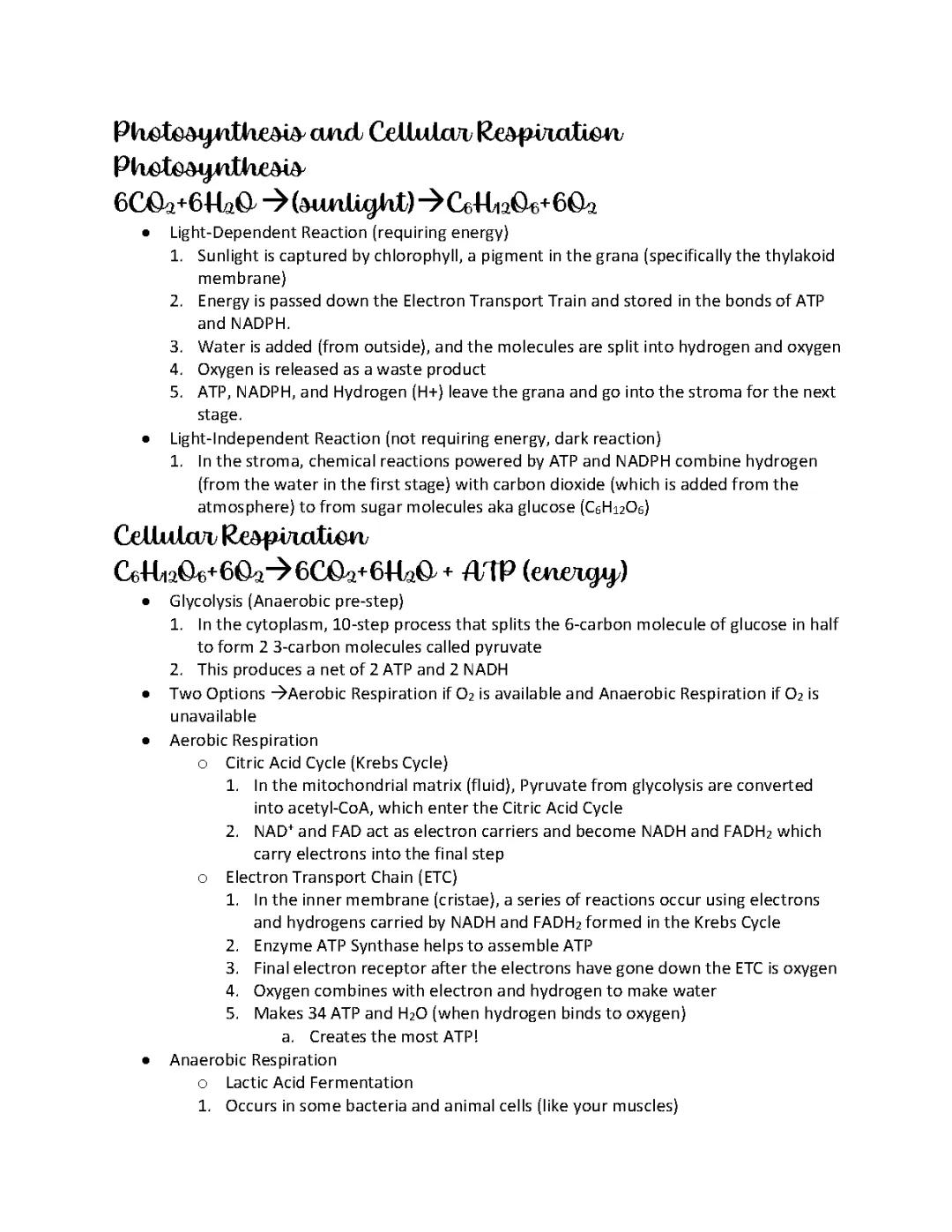 Photosynthesis and Cellular Respiration Notes