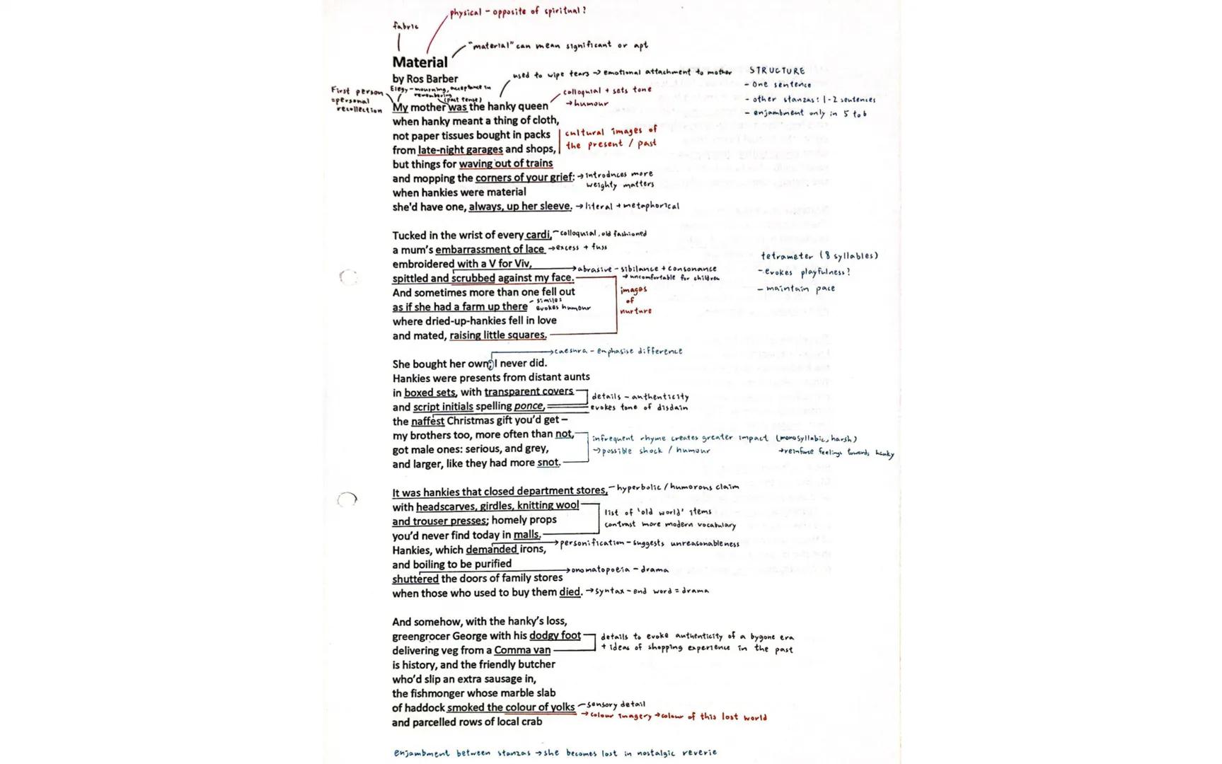 fabric

Material
physical opposite of spiritual?

by Ros Barber
"material" can mean significant or apt

Elegy-mourning, acceptance τη
First 
