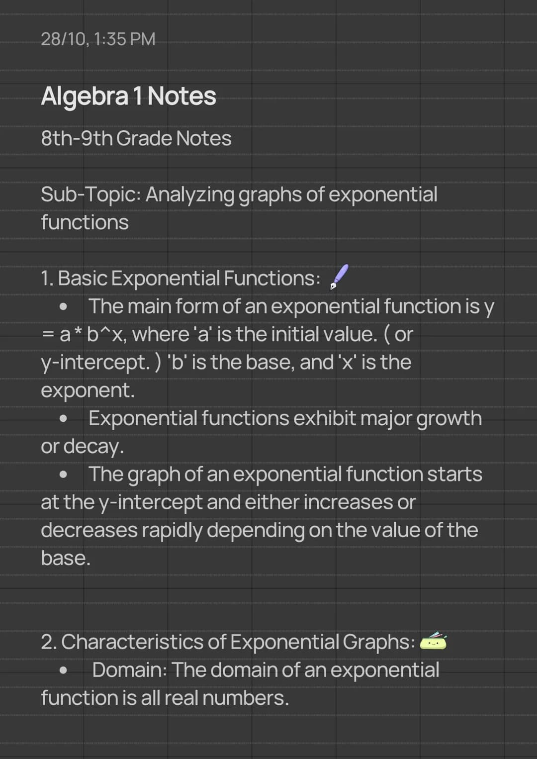 28/10, 1:35 PM
Algebra 1 Notes
8th-9th Grade Notes
Sub-Topic: Analyzing graphs of exponential
functions
1. Basic Exponential Functions:
The 