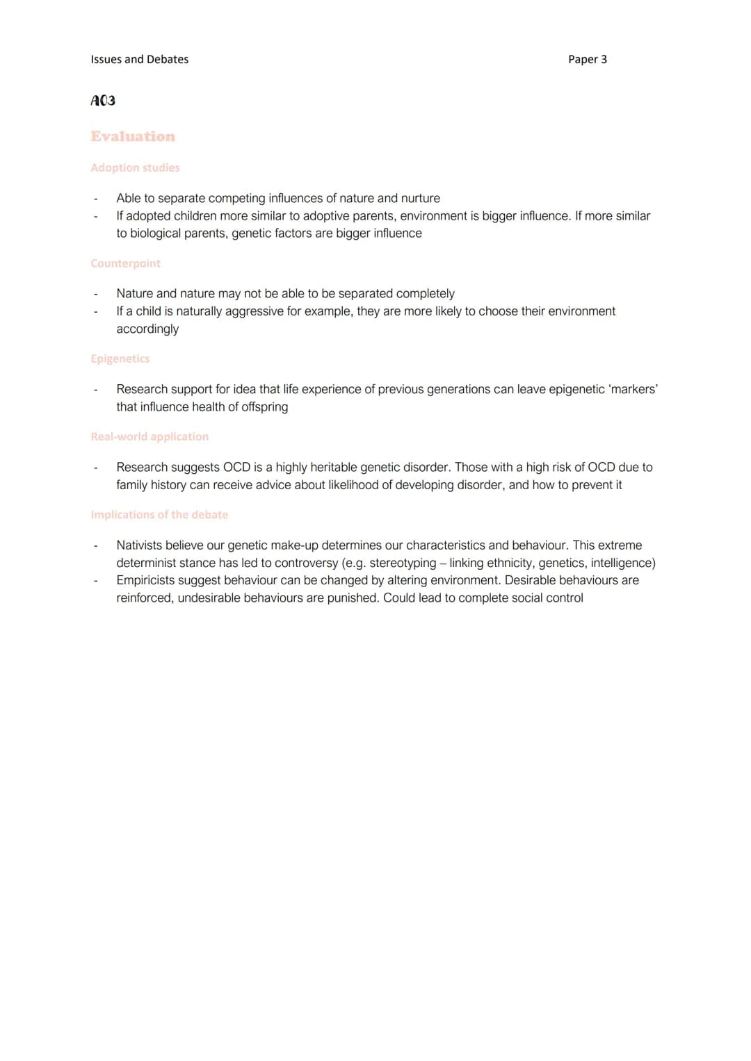 Issues and Debates
A01
The nature-nurture debate
The interactionist approach
Nature-nurture debate - seeks to answer whether our behaviour i