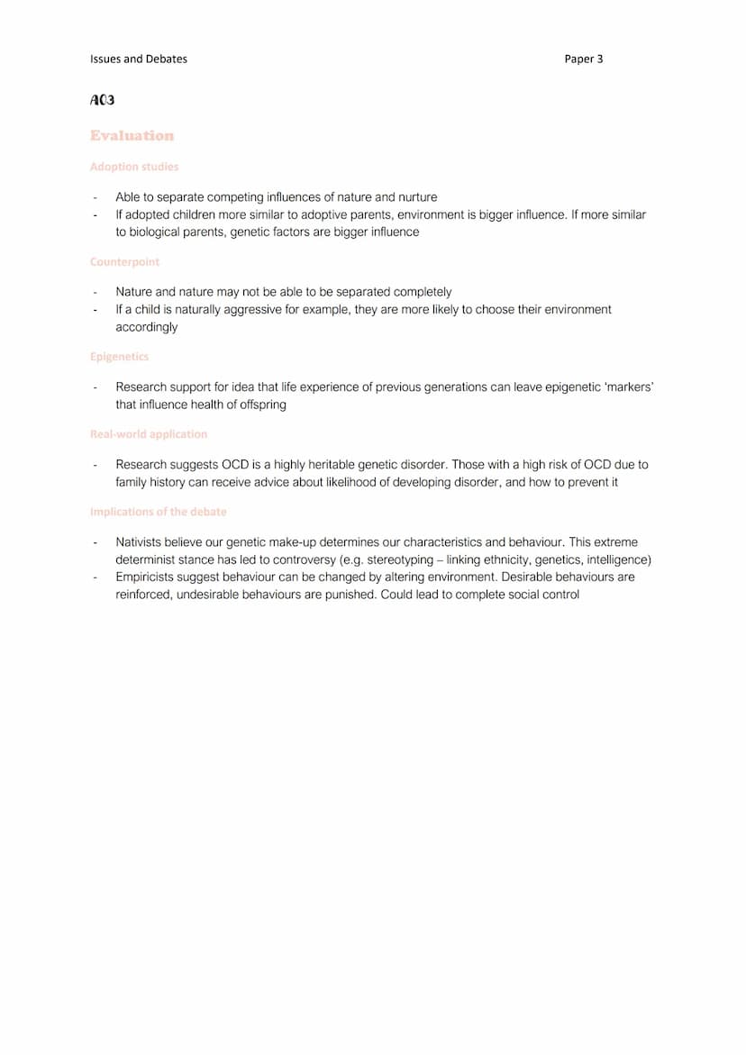 Issues and Debates
A01
The nature-nurture debate
The interactionist approach
Nature-nurture debate - seeks to answer whether our behaviour i