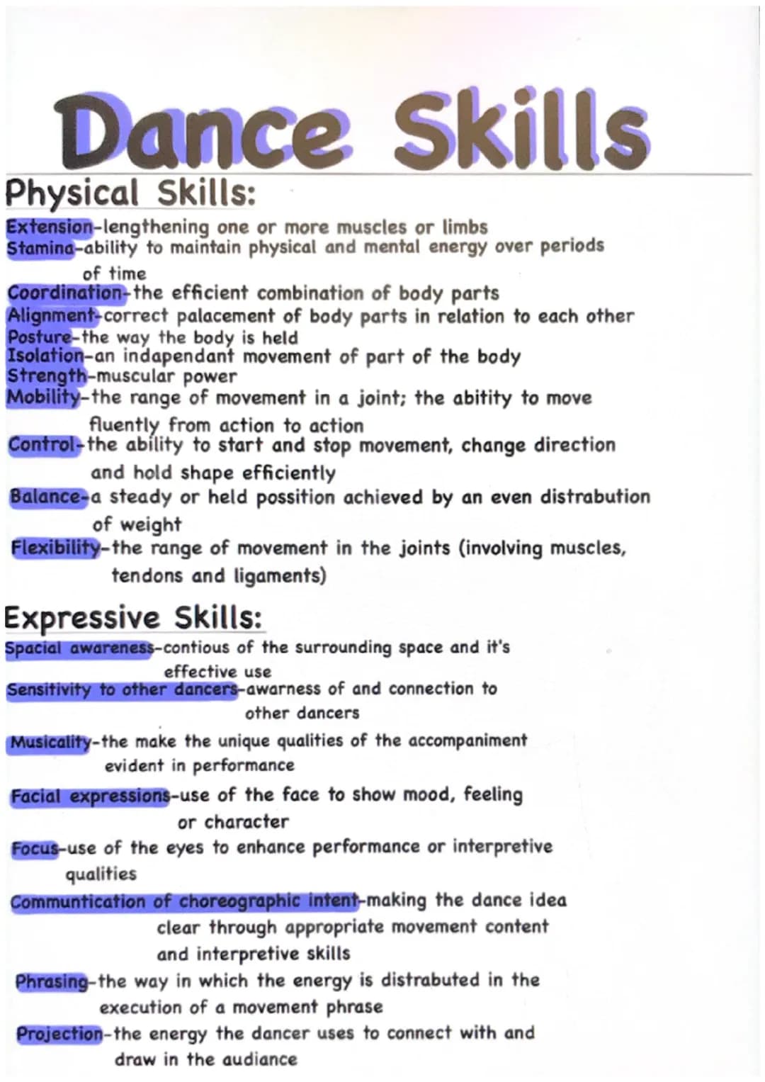 <h2 id="danceskills">Dance Skills</h2>
<p><strong>Physical Skills:</strong></p>
<p><em>Extension-</em> lengthening one or more muscles or li