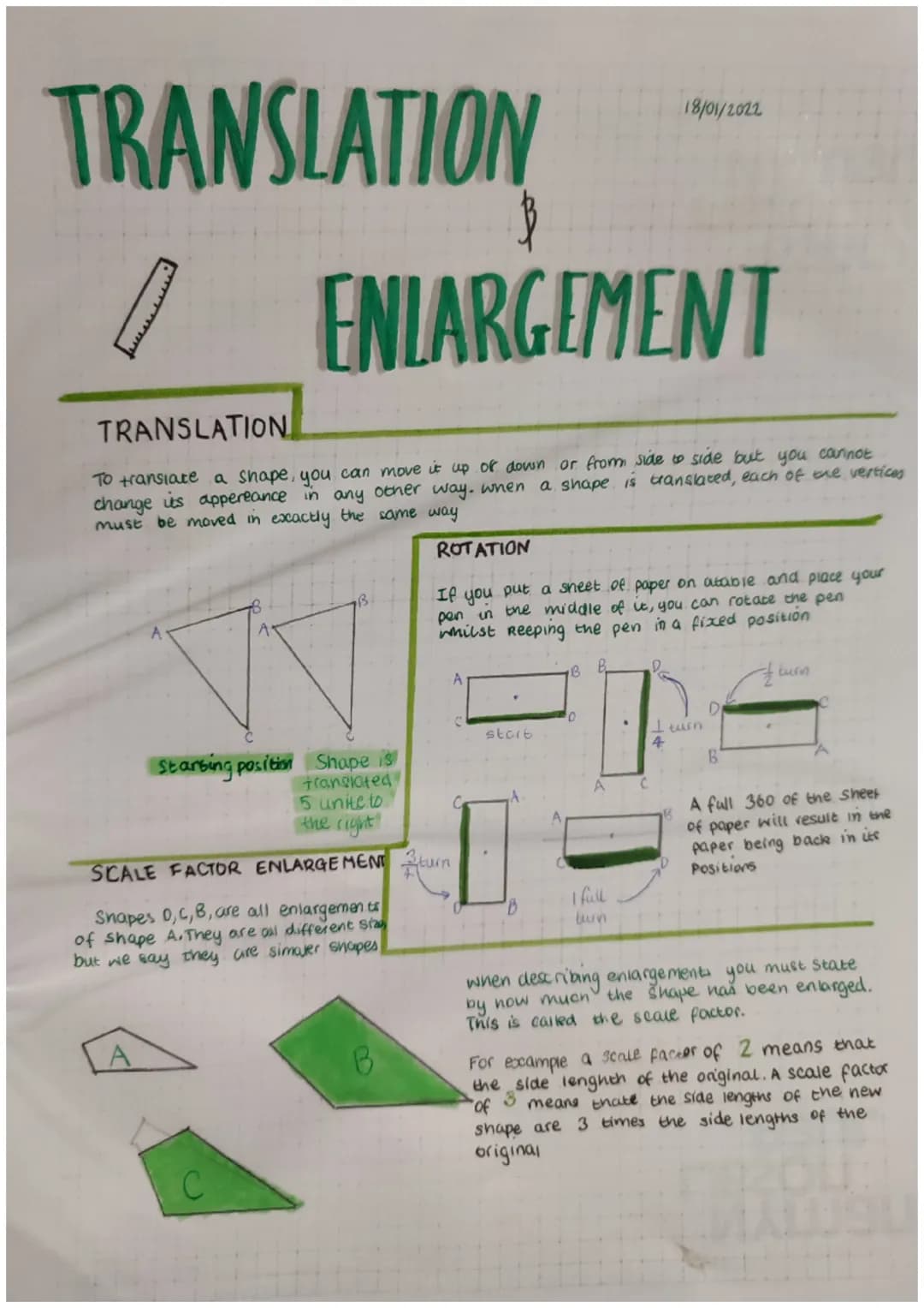 TRANSLATION
لسيسيل
ENLARGEMENT
TRANSLATION
To translate a shape, you can move it up of down or from side to side but you cannot
change its a