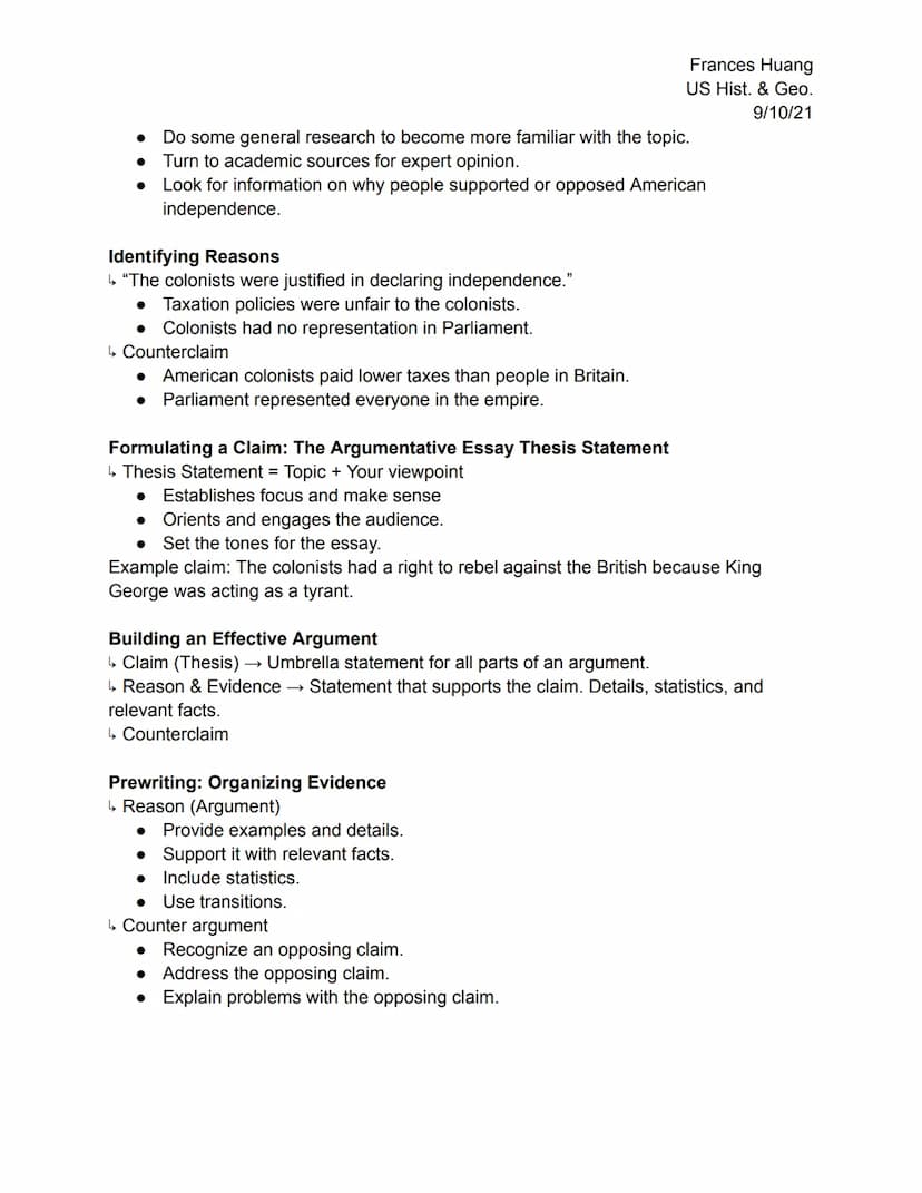 Frances Huang
US Hist. & Geo.
9/10/21
Writing Workshop: Creating an Argumentative Essay
☐ Construct an argumentative essay that supports a s