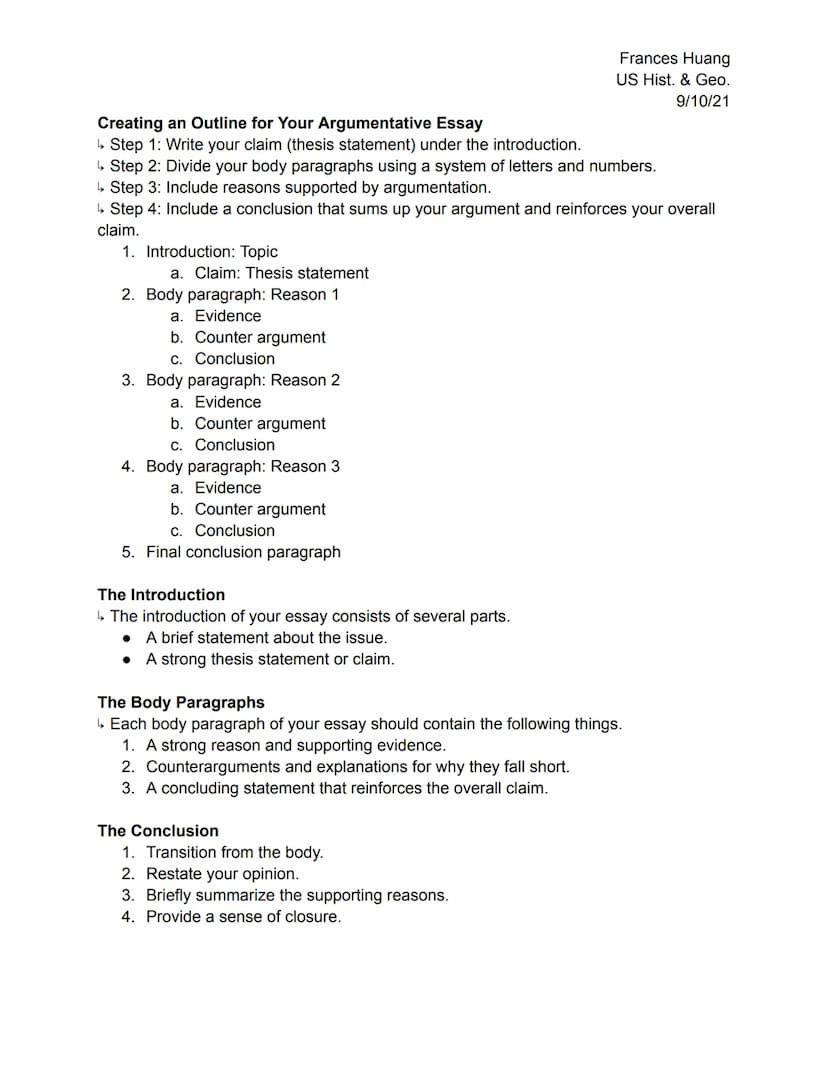 Frances Huang
US Hist. & Geo.
9/10/21
Writing Workshop: Creating an Argumentative Essay
☐ Construct an argumentative essay that supports a s