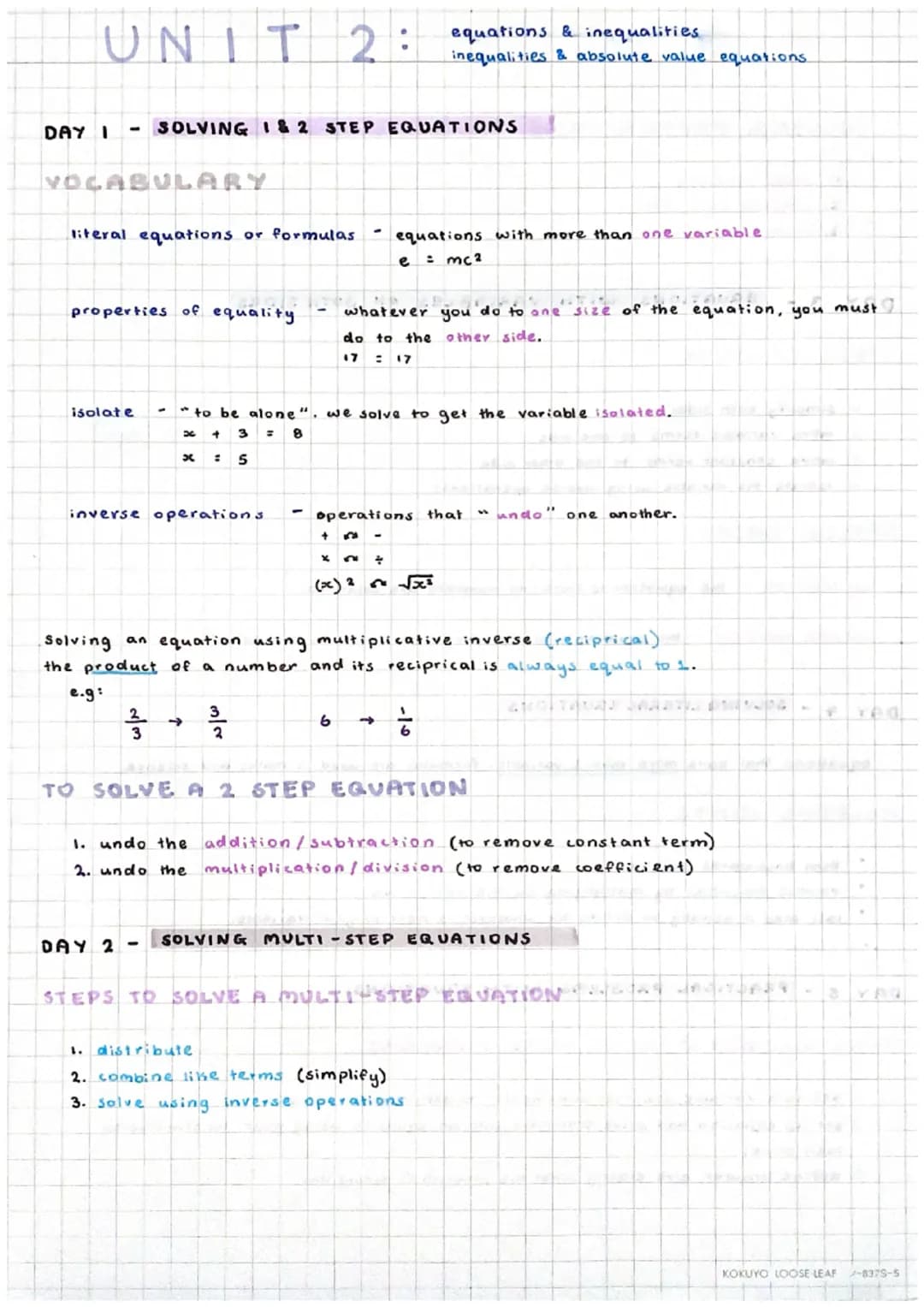 UNIT 2:
equations & inequalities
inequalities & absolute value equations
DAY I
-
SOLVING 1 & 2 STEP EQUATIONS
ULARY
literal equations or for