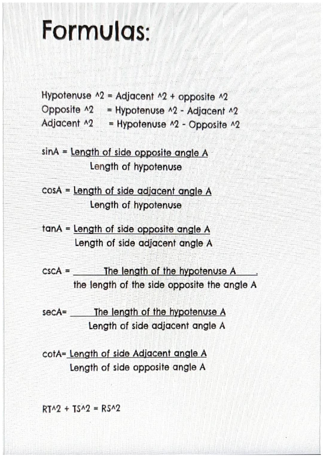 Formulas:
Area of a triangle
Area of a circle
- A-½ LH
-A= π r^2 m^2
- A-½ h (a+b) m^2
A= Ashaded Atriangle-Arectangle
A= BH y^3 B=₂*a*b
- A