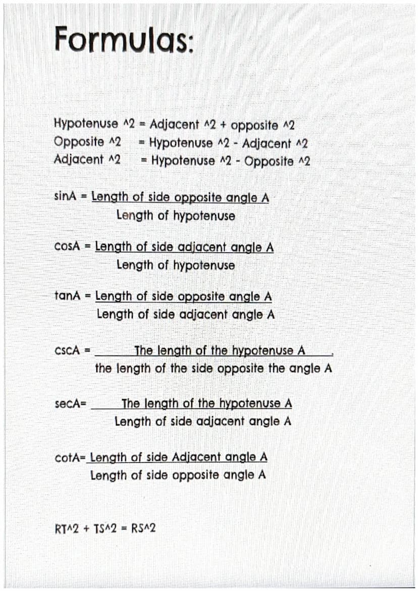 Formulas:
Area of a triangle
Area of a circle
- A-½ LH
-A= π r^2 m^2
- A-½ h (a+b) m^2
A= Ashaded Atriangle-Arectangle
A= BH y^3 B=₂*a*b
- A
